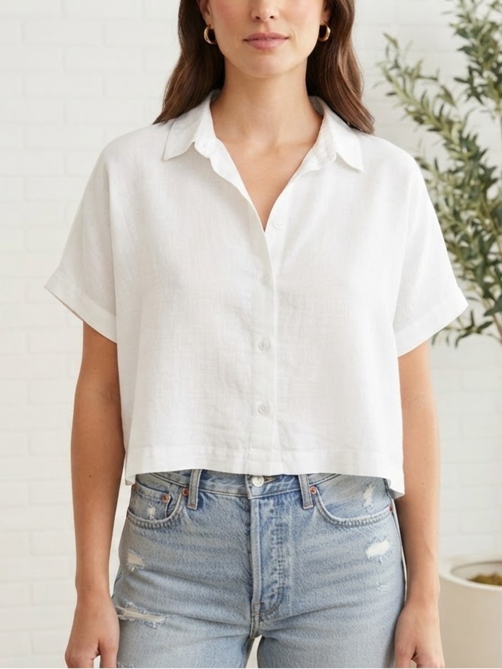Thread & Supply White Linen Blend Button Down Crop Top XL